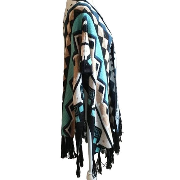 B-Sharp Mohair Blend Shrug Wmn's Sz M Multicolor Knit Fringed Southwestern Wrap - Picture 4 of 6